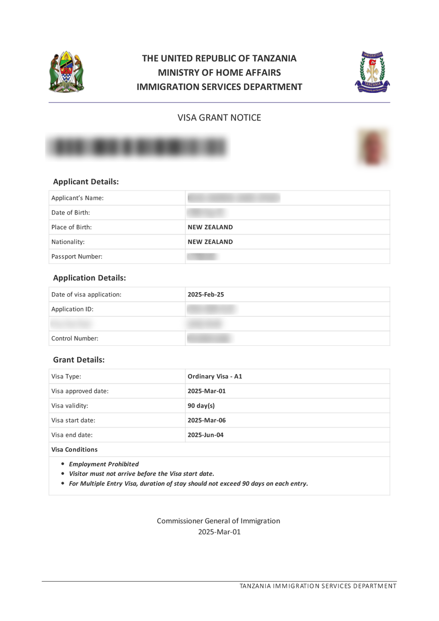 eVisa to Tanzania – Sample