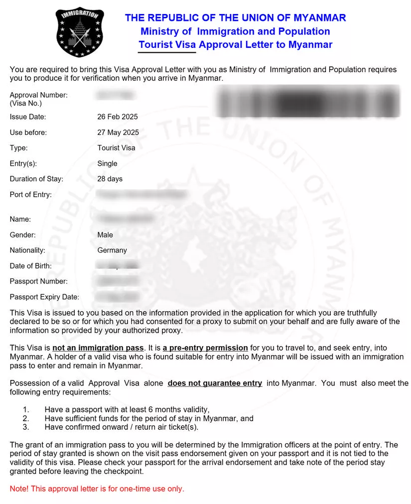 eVisa to Myanmar – Sample