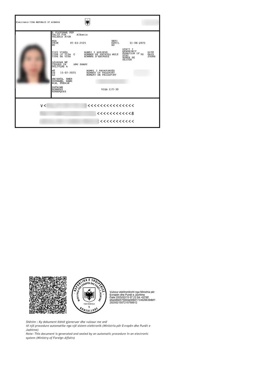 e-Visa to Albania sample