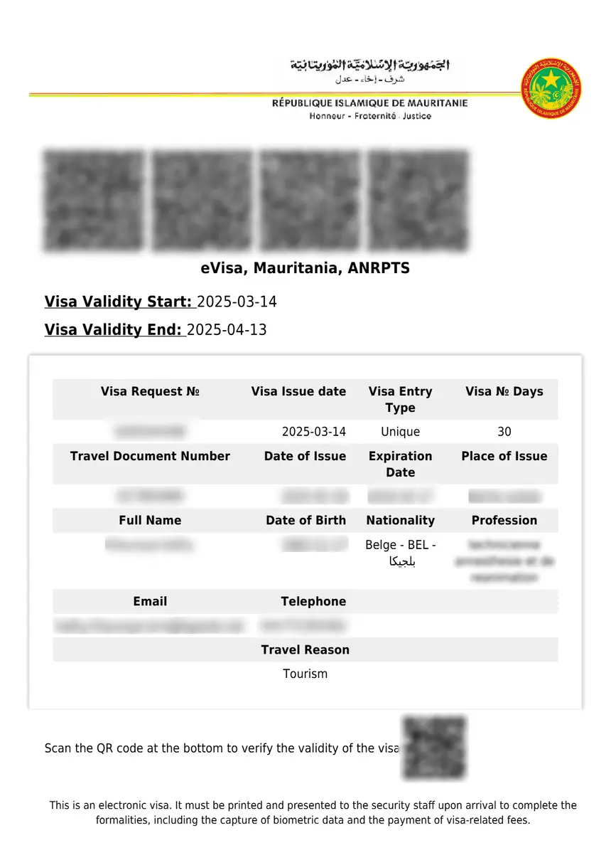 Beispiel eines Mauretanien e-Visums