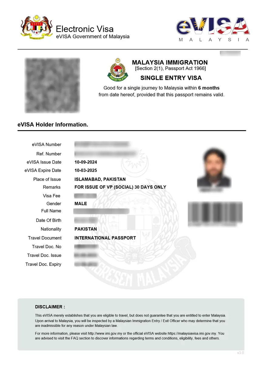 eVisa to Malaysia – Sample
