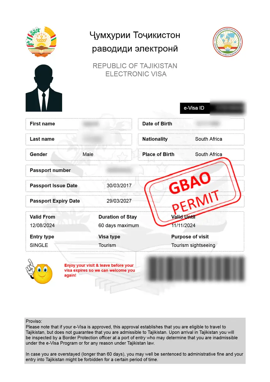 e-Visa to Tajikistan – Sample