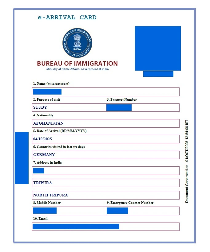 Tarjeta de Llegada a la India – Ejemplo
