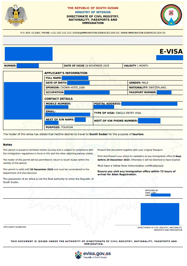 Sample of the e-Visa to South Sudan