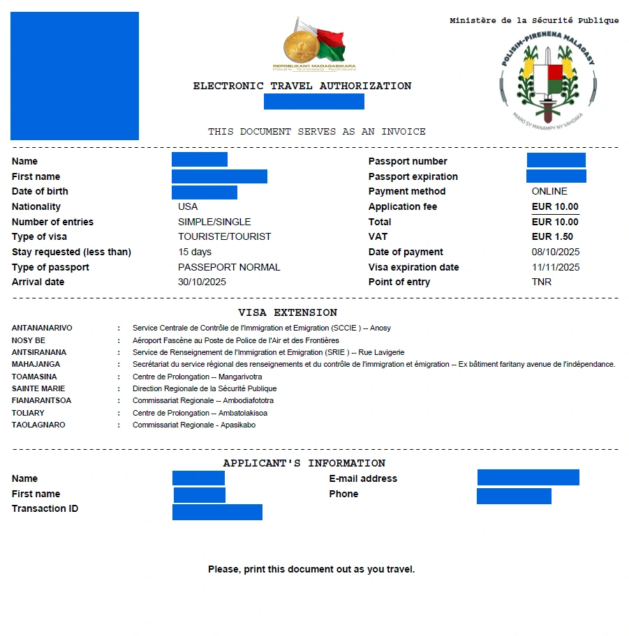 Sample of the eVisa to Madagascar