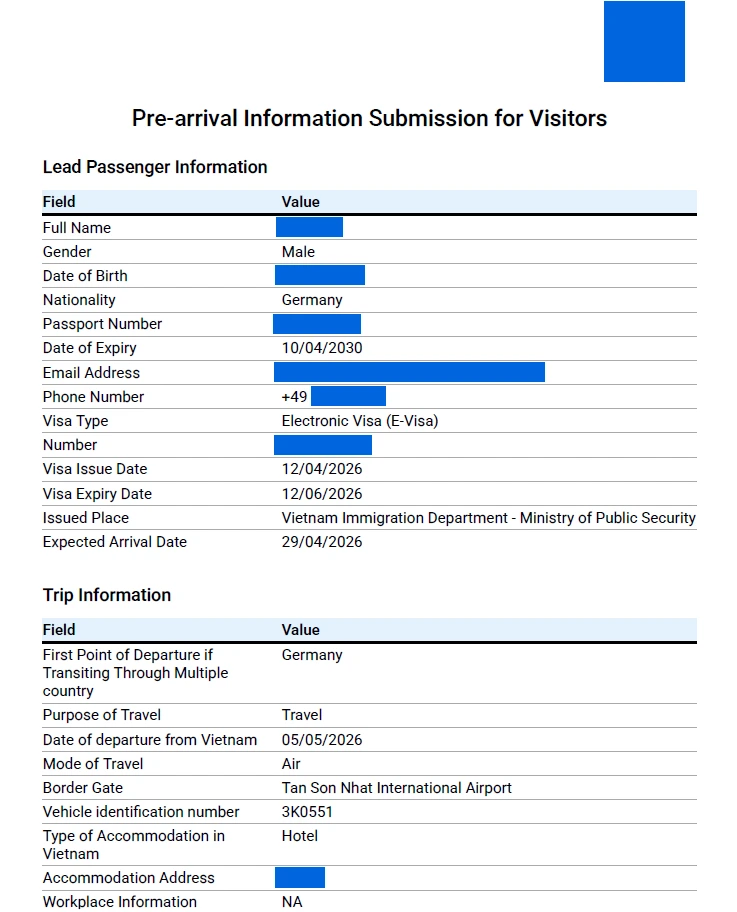 Vietnam Pre-Arrival Card – Sample